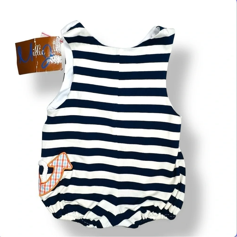 Nautical Anchor Bubble Romper Baby 3M Navy Stripe NWT Millie Jay